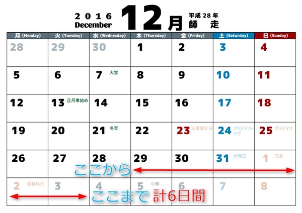 2016年12月のカレンダー
