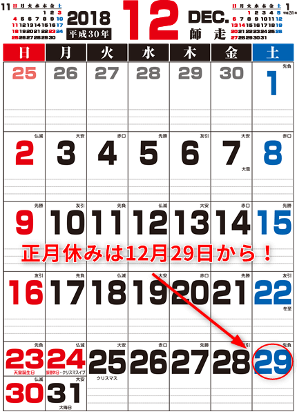 正月休みは12月29日から